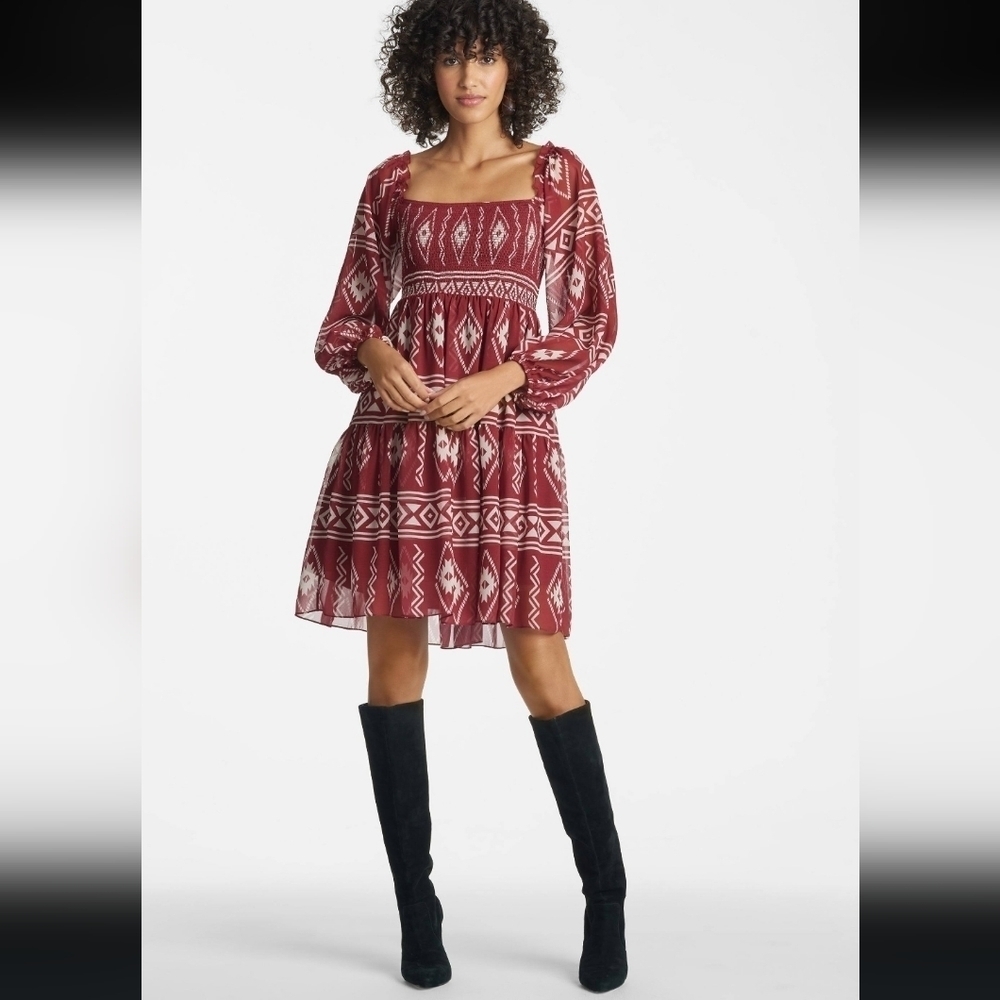 Sachin & Babi, Lola Short Printed Empire Dress, Aztec Borders Crimson - Size XS - Picture 8 of 11
